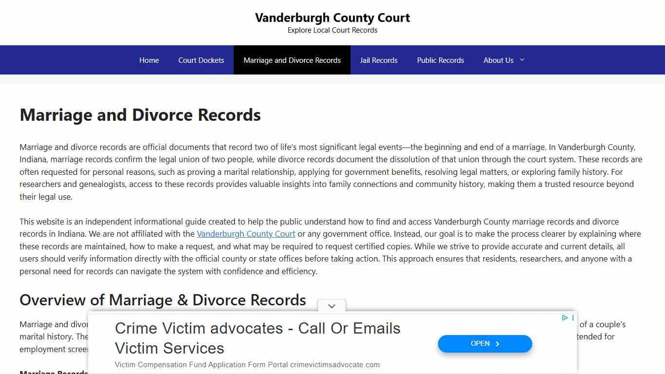 Marriage and Divorce Records - Vanderburgh County Court